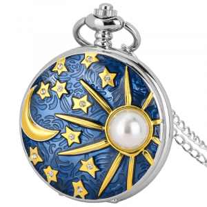 Montre de Poche « Lunaire » – Chaîne Pendentif Étoile et Lune Bleu Océan avec Perle – Bijou Vintage Unisexe