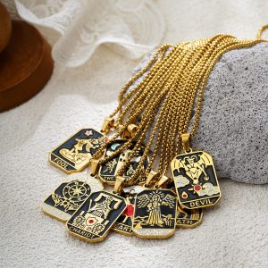 Collier Choker Cartes Tarot | Pendentifs Soleil, Lune, Étoile & Monde | Chaîne Plaqué Or 18K