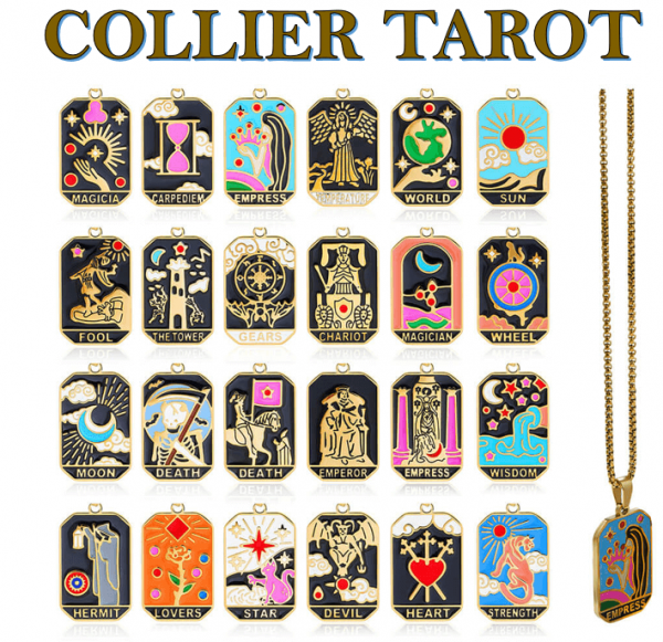 Collier Choker Cartes Tarot | Pendentifs Soleil, Lune, Étoile & Monde | Chaîne Plaqué Or 18K